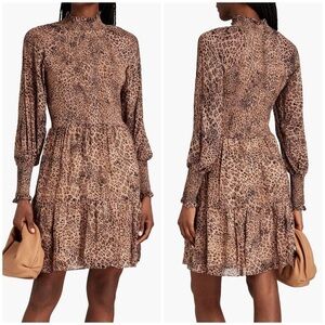 ML Monique Lhuillier Leopard Animal Print Crepe de Chine Mini Dress Long Sleeve